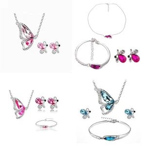 Butterfly Jewellery Earrings Set Pendant Bracelet Gift Silver Crystal Necklace - Picture 1 of 11