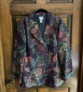 Chico's Sz 3 Metallic Brocade Red Orange Multi Floral Button 3/4 Sleeve Jacket - Picture 1 of 6