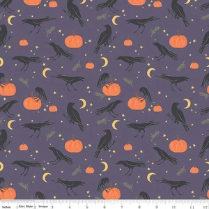3/4 Yd Sophisticated Halloween Cotton Fabric Riley Blake Ravens Gray Bolt End  - Picture 1 of 1