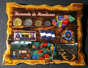 Vintage Honduras Souvenir Geld 4 Münzen Plakette Wandbehang mit Haken 9,5" x 7,5" - Bild 1 von 7