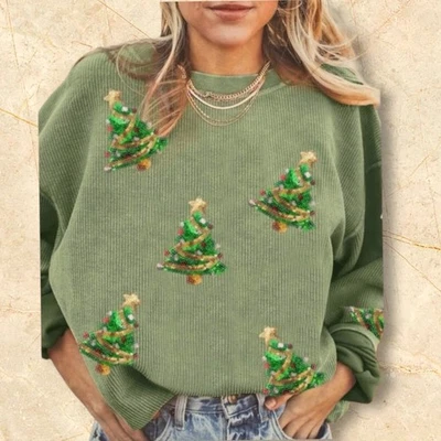 Sudadera Pullover Pana Árbol de Navidad Lentejuelas Verdes Manga Larga Mujer M Foto 1 de 4