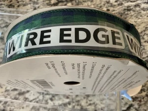 Place & Time green, navy wired tartan plaid ribbon 33.33 yards, 1.5” wide, - Picture 1 of 4