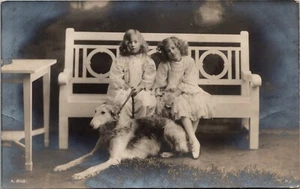 TWO GIRLS AND THEIR BORZOI DOG : ROTARY RPPC : (1912) - Picture 1 of 3