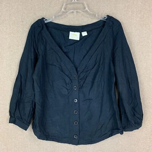 Blusa Maeve 12 o grande para mujer negra mezcla de lino abotonada top campesino - Imagen 1 de 20