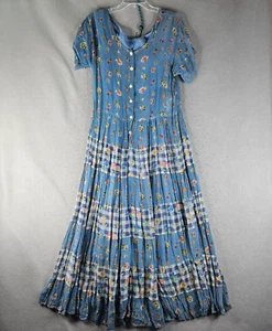 Vintage Bila Dress Womens Large Blue Floral Boho Maxi India Kaufmanns 90s Rayon - Picture 1 of 13