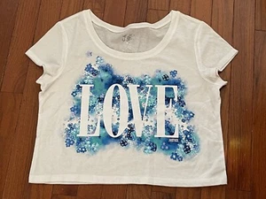 EUC Excellent Used Condition Justice White LOVE Floral Crop Top Short Top Sz 18 - Picture 1 of 8