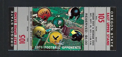 VINTAGE 1971 NCAA OREGON ST BEAVERS @ MICHIGAN ST SPARTANS FULL FOOTBALL TICKET Cover