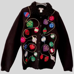 Investments Womens S Ugly Christmas Sweater Cardigan Embroidered Sequins - Picture 1 of 5