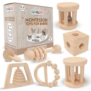 Giggles Montessori Natural Color Wooden Baby Toy Baby Rattle Toys 0-6 Months - Picture 1 of 9
