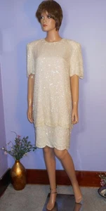 Vestido de fiesta vintage años 80 brillante invierno blanco 100 % seda lentejuelas y cuentas, L - Imagen 1 de 10