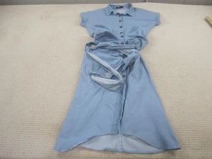 Micas Dress Womens Large Blue Button Down Short Sleeve Belted Collared Midi - Picture 1 of 9