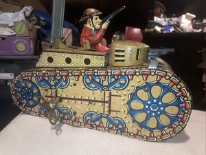 1930's Marx Doughboy Tank Tin Toy Key Windup Pop Up Gunner WORKS - Picture 1 of 13
