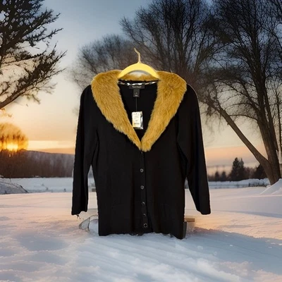 NUEVO CON ETIQUETAS Casa Blanca Mercado Negro Cárdigan Suéter Extraíble Cuello de Piel Vegano Pequeño S Foto 1 de 4