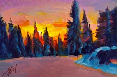 丙烯酸绘画森林背后的日落 M. Patskan 无框原版 nAAA4816 — 第 1/4 张图片