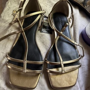 M&S AUTOGRAPH Leather Metallic Strappy Flat Sandals Size 5 GOLD - Picture 1 of 6