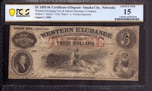 1856 $3 WESTERN EXCHANGE OMAHA CITY NEBRASKA ISSUED OBSOLETE NOTE PCGS FINE 15 - Picture 1 of 2