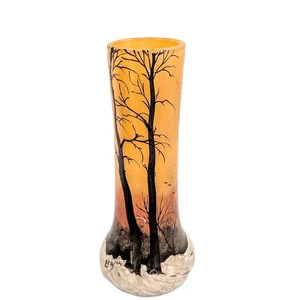Legras Emaille bemalte Jugendstil Winterlandschaft Glas Vase 19. Jh. 9 7/8" - Bild 1 von 10