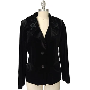 Vintage Y2K Black Stretch Velvet Jacket Blazer Size L Embroidered Whimsigoth - Picture 1 of 8