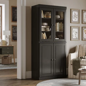 100% Solid Wood 6-Shelf Bookcase w/ Optional Solid Wood,Clear,Frosted Glass Door - Picture 1 of 61