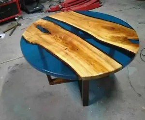 Blue Round Epoxy Resin Coffee Table, Wooden Epoxy Table, Living Room Table Decor - Picture 1 of 8