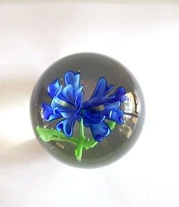 Vintage Blown Art Glass Dark Blue Yellow Iris Flower Round Paperweight Clear - Picture 1 of 12