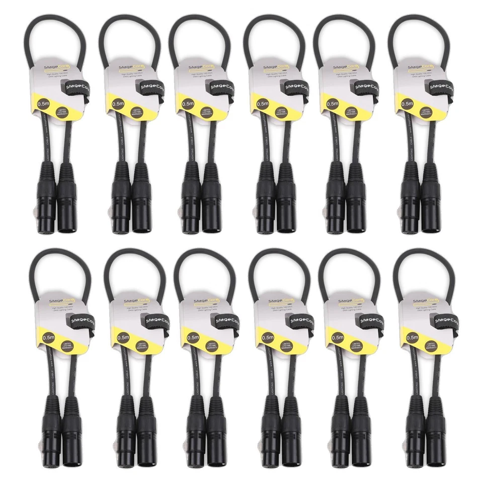 12 x StageCore 0.5M DMX Lead Cable 3 PIN 120ohm XLR Lighting DJ Disco Stage