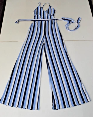 Jumpsuit Charlotte Russe Size S Blue Striped Strappy Belted Wide Leg Stretchy - Imagem 1 de 4
