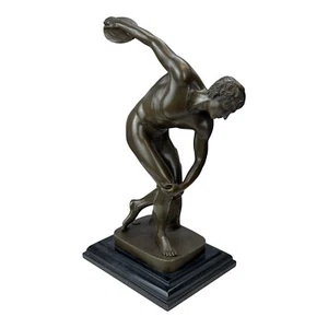 Discobolus Discus Thrower of Myron Real Bronze Sculpture on Marble Base 14.96 in - Picture 1 of 9