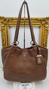 PRADA Shopping Bag Shoulder Leather Textured Brown - Picture 1 of 23