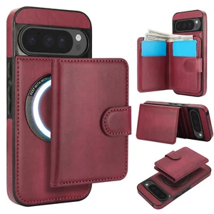 Leather Mag Safe Case For Google Pixel 9A 9 Pro XL 8Pro w/Detachable Card Wallet - Picture 1 of 16