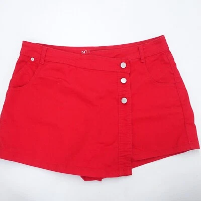No Boundaries Denim Skorts Women 15 Red Cotton Stretch Asymmetrical Button Front - Image 1 of 4
