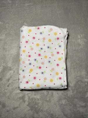 Carters Floral Receiving Baby Blanket Pink Blue Yellow Flower Soft White Flannel - Image 1 of 4