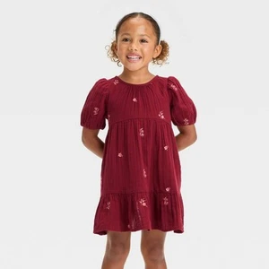 Toddler Girls' Floral Short Sleeve Dress - Cat & Jack Dark Red - Picture 1 of 3