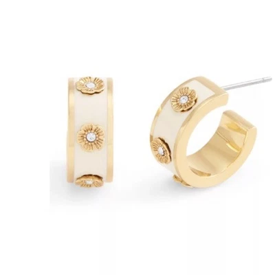 COACH NEW YORK Signature Tea Rose Enamel Huggie Hoop Earrings (White/Gold Multi) - Image 1 of 4