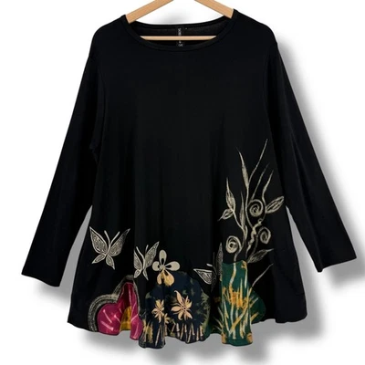 Top túnica de algodón negro Sacred Threads floral mariposa boho artística talla única Foto 1 de 4