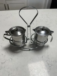 Vintage Coffee Bar Stainless Steel Cream & Sugar Set with Tray - Picture 1 of 12