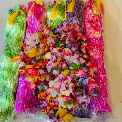 Hawaiian Luau Hula Grass Skirt Costume Set with Flower Accessories 30 pieces - Image 1 of 4