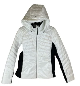 Calvin Klein Large Performance Repel White Puffer Jacket Black Sleeves Hooded - Picture 1 of 10