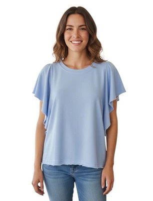 Ariana Flutter Sleeve Pullover Top Women S Blue Cotton Terry Knit - Image 1 of 4
