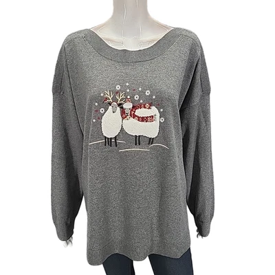 Womens Sweatshirt 2X Plus Size Gray Long Sleeves Pullover w Holiday Embroidery - Image 1 of 4