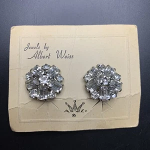 Weiss Clip On Earrings Clear Rhinestone Round Silver Tone Original Card Vintage - Picture 1 of 8