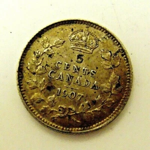1907 XF+ PROBLEM FREE CANADA 5 CENT SILVER, FREE SHIPPING IN USA - Picture 1 of 2