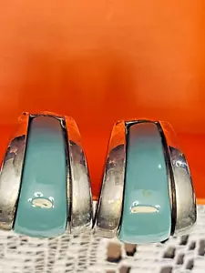 Signed FLP Earrings Retro 1970-1980 Clip Earrings Chunky Silver Turquoise Enamel - Picture 1 of 4