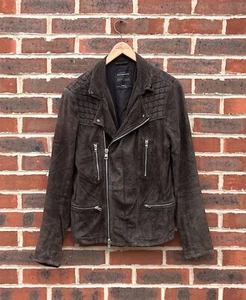 AllSaints Mens HARTEN Suede Biker Jacket SMALL Brown All Saints Quilted Leather - Picture 1 of 18