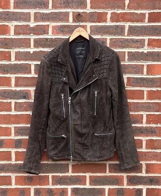 AllSaints Mens HARTEN Suede Biker Jacket SMALL Brown All Saints Quilted Leather - Image 1 of 4