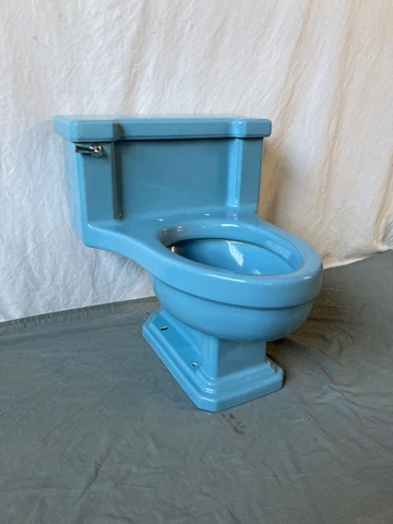 Vtg Mid Century  Deco 1 Piece Low Boy Toilet Clair De Lune Blue Standard 47-23E Cover