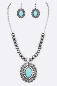 Long Turquoise Necklace Pendant Tibetan Silver Flower Fashion Jewelry Earrings