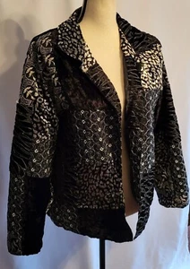 ☆Vintage☆ Patchwork Jacket Open Black Mixed Media -BOHO- Made In India L - Picture 1 of 11