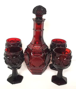 Wine Decanter Set With Four Wine Glasses Avon Cape Cod Ruby Red Glass - Picture 1 of 17