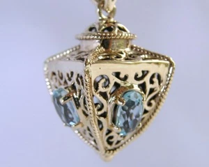 P019 Genuine 9ct Yellow Gold Natural AQUAMARINE FOB Pendant Filigree Lantern - Picture 1 of 2